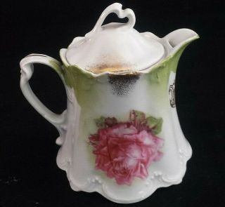 Antique German Creamer With Lid Hand Painted Pink Roses Gold Gilt Trim Green