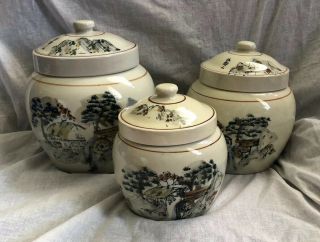 Ceramic Kitchen Canisters Containers Jars Asian Oriental Scenes Set Of 3 Rare
