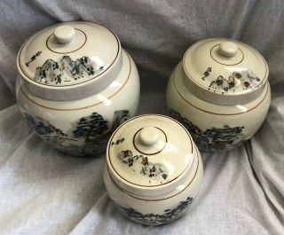 Ceramic Kitchen Canisters Containers Jars Asian Oriental Scenes Set Of 3 Rare 2