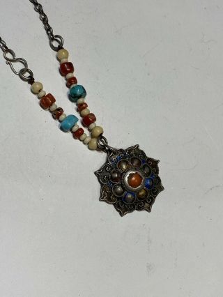 Vintage Chinese Silver Necklace With Enamel Coral Turquoise