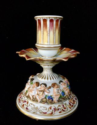 Antique Hand Painted Capodimonte Cherubs Porcelain Candle Stick Rare