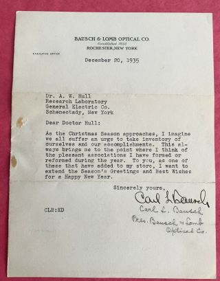 Bausch & Lomb Letterhead 1935 Carl Bausch Letter To Ge Research Lab A W Hull