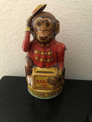 Vintage Antique Rare Tin Litho Mechanical Bank J.  Chein Monkey Hat In Hand Moves