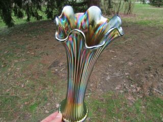 Northwood Fine Rib Antique Carnival Art Glass Vase Green A Very Pretty Example