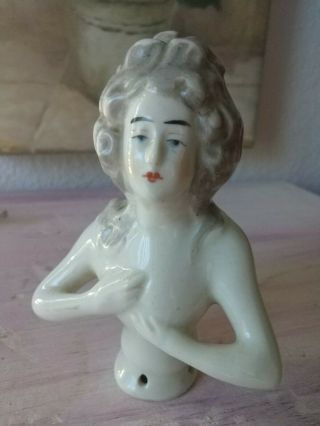 Antique Porcelain Half Doll Victorian Lady Pin Cushion Woman 4.  5 " Tall
