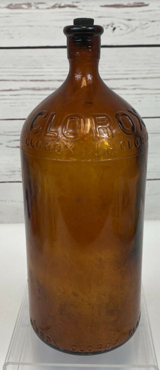 Clorox Embossed Brown Glass Cork Top 32oz.  Bottle W/ Cork Vintage Rare 1930s 10 "