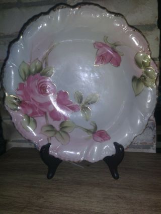 Gorgeous Antique Hand Painted Nippon Scalloped Bowl Pink Roses Gold Trim Raised