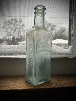 Antique 1880s Ayers Cherry Pectoral Aqua Medicine Bottle Lowell Massachusetts