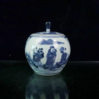 Chinese Old Porcelain Blue And White Figure Pattern Lid Jar Storage Pot