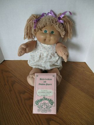 Vintage 1984 Cabbage Patch Doll W/ Paperwork Light Brn Hair Grn Eyes Jennifer