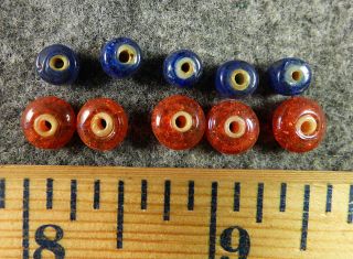 (10) Huron Indian Red & Blue White Heart Glass Trade Beads Fur Trade 1700 