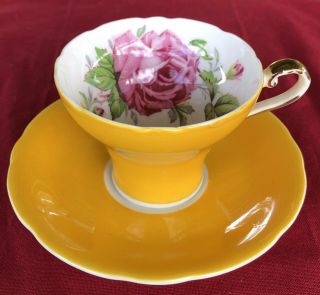 Rare Aynsley Solid Yellow Tea Cup And Saucer With Pink Rose England Bone China