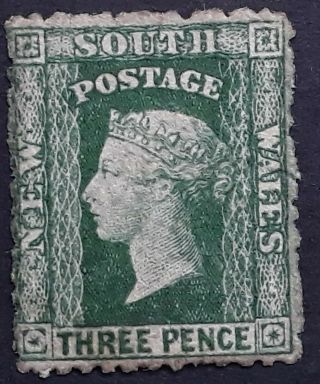 Rare 1862 Nsw Australia 3d Blue Green Small Diadem Stamp P13 Wmk Dbl Line 3