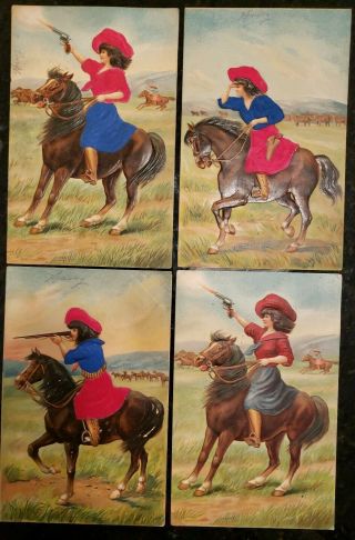 4 Antique Postcards Lady Riding Horse Shooting Gun Attached Silk Made In Germany