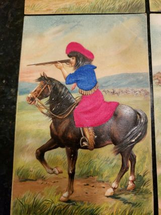 4 Antique Postcards Lady Riding Horse Shooting Gun Attached Silk Made in Germany 2