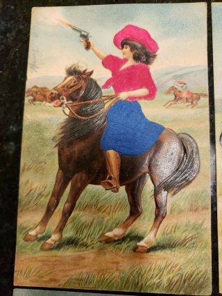 4 Antique Postcards Lady Riding Horse Shooting Gun Attached Silk Made in Germany 3