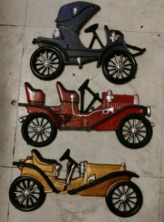 Vintage Midwest Cast Metal Antique Car Auto Plaques Decor Wall Hanging Set Of 3