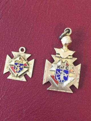 2 Antique Knights Of Columbus Gold Filled Enamel Watch Fob Pendants 1896