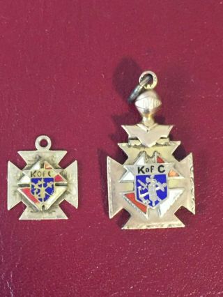 2 Antique Knights of Columbus Gold Filled Enamel Watch Fob Pendants 1896 2