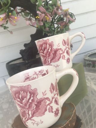English Chippendale Johnson Bros England Mug Coffe Mug Red Pink Set Of 2 Rare