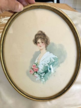 Antique Oval Gold Wood Frame W Glass Signed Hand Painted Beauty Gal 10.  5 " X 8.  5 "