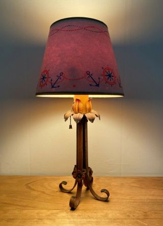 Antique Arts And Crafts Table Lamp Art Deco Flowers Metal Nautical Pull Chain