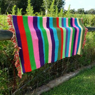 Vintage Rainbow Stripe Afghan Blanket Fringe Edge Handmade Crochet 34 " × 40 "