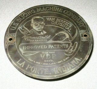 Vtg Antique Us Slicing Machine Company Round Solid Brass Plaque La Porte Indiana