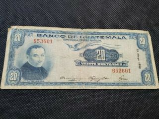 Banco De Guatemala 20 Quetzales 1952 Banknote Very Rare And Scarce