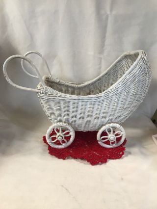 Vtg White Wood/wicker Hooded Doll Buggy,  Stroller,  Baby Carriage.