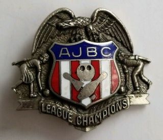 Vintage Ajbc Bowling League Champions Pin Enamel Red White Blue Eagle Usa