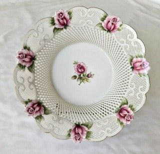 Antique Moga Romania 8 " Lace Basket Fine Porcelain Bowl Pink Roses With Stand