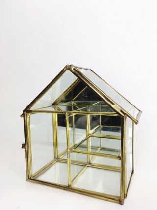 Vintage Brass Glass House Curio Shelf Cabinet Mirror Miniatures 5 " X 5 " 2 1/2 "