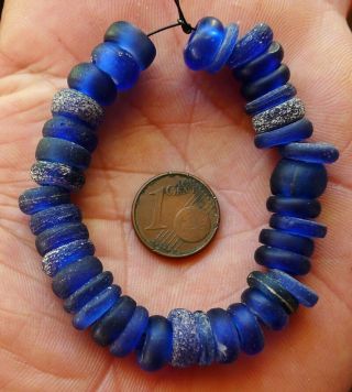 Perles Verre Ancien Troc Antique Blue Cobalt Dutch Donut African Trade Beads 4