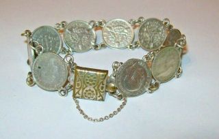 Antique Solid Silver 3 Pence Coin Bracelet 9 X Coins 1917 - 1942 Threepences