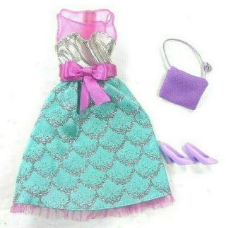 Barbie Fitting Teal Silver Pink Sparkle Party Dress Lilac Heels & Purse