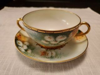 Antique Limoges Cream Soup Wg & Co - William Guerin Daisies With Gold Accents