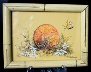 Vtg.  Butterfly & Daisy Print Faux Bamboo 6x8 Frame Signed D Mclelland? 