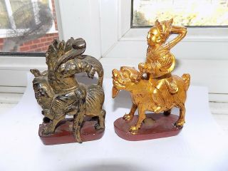 2 X Antique Chinese Hand Carved Gilt Wood Warriors On Horseback Figures