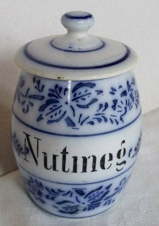 Antique Flow Blue Onion " Nutmeg " Spice Jar/cannister With Lid,  Germany.