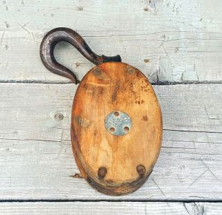 Antique Wood & Iron Block & Tackle/farm Pulley Hoist W/ Hook " Star " Label Maine