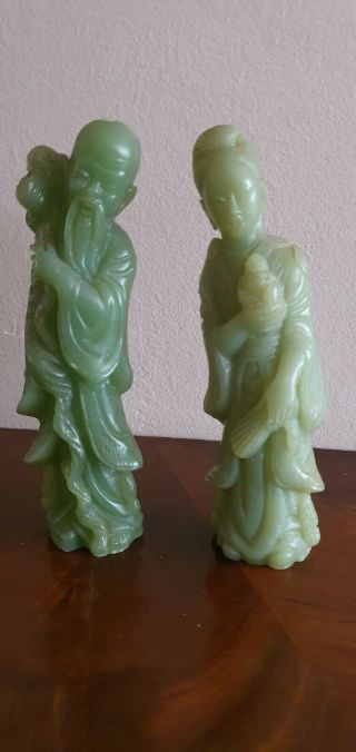 Chinese Carved Green Jade Figures Of A Lady & A Monk