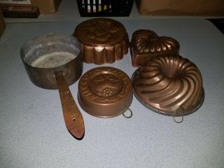 Antique Copper Pan Pot & 4 Food Molds Group