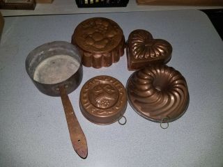 Antique Copper Pan Pot & 4 Food Molds Group 2