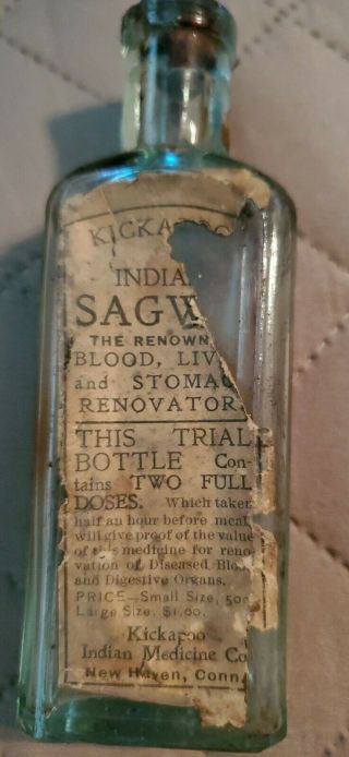 Antique Bottle Kickapoo Indian Sagwa Blood Liver And Stomach Renovator With Cork