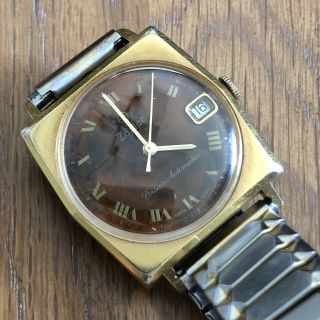 Rare Vintage Zodiac Corsair Automatic Gold Tone And Wood Grain Swiss Wrist Watch