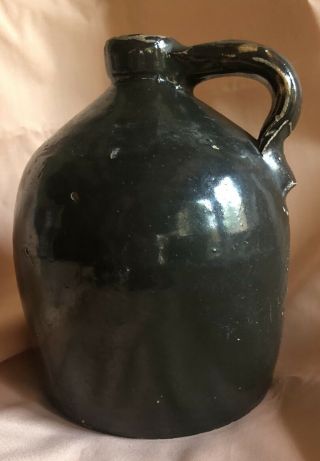 Antique Stoneware Green Glazed Whiskey Jug Crock Pottery With Handle