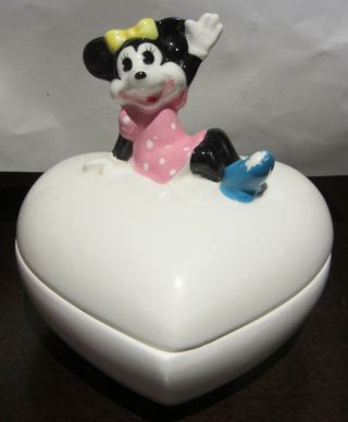Rare Disney Minnie Mouse Jewelry Trinket Box Ceramic Porcelain Figure Figurine