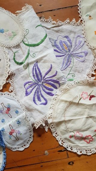 10 Vintage Doilies - Hand Embroidered Linen - Centrepiece & Sandwich Doilies