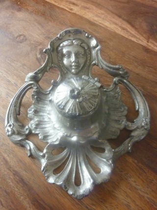 Antique French Art Nouveau Pewter Inkwell Desk Stand Depose